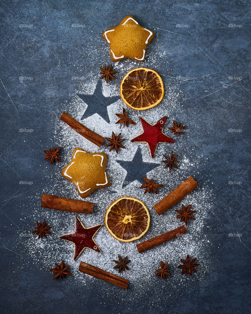 Christmas tree made of different ingredients. Top view.