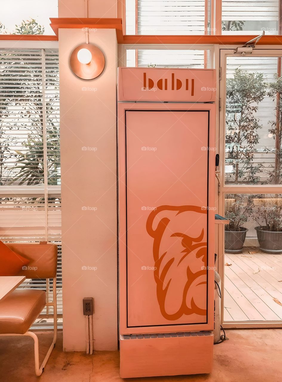 Pink refrigerator with beautiful bulldog pattern