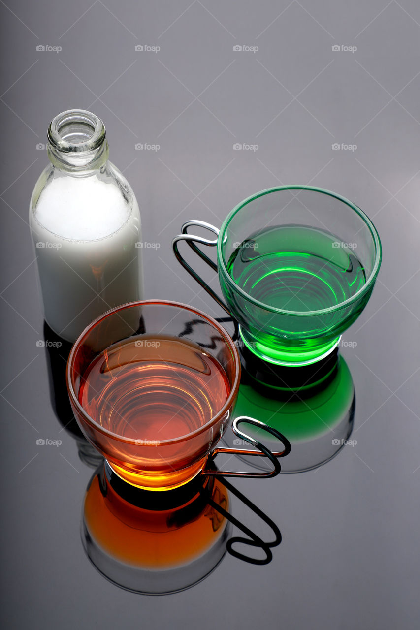 Drinks with Indian flag colors - healthy India concept. Saffron, green and white drinks.