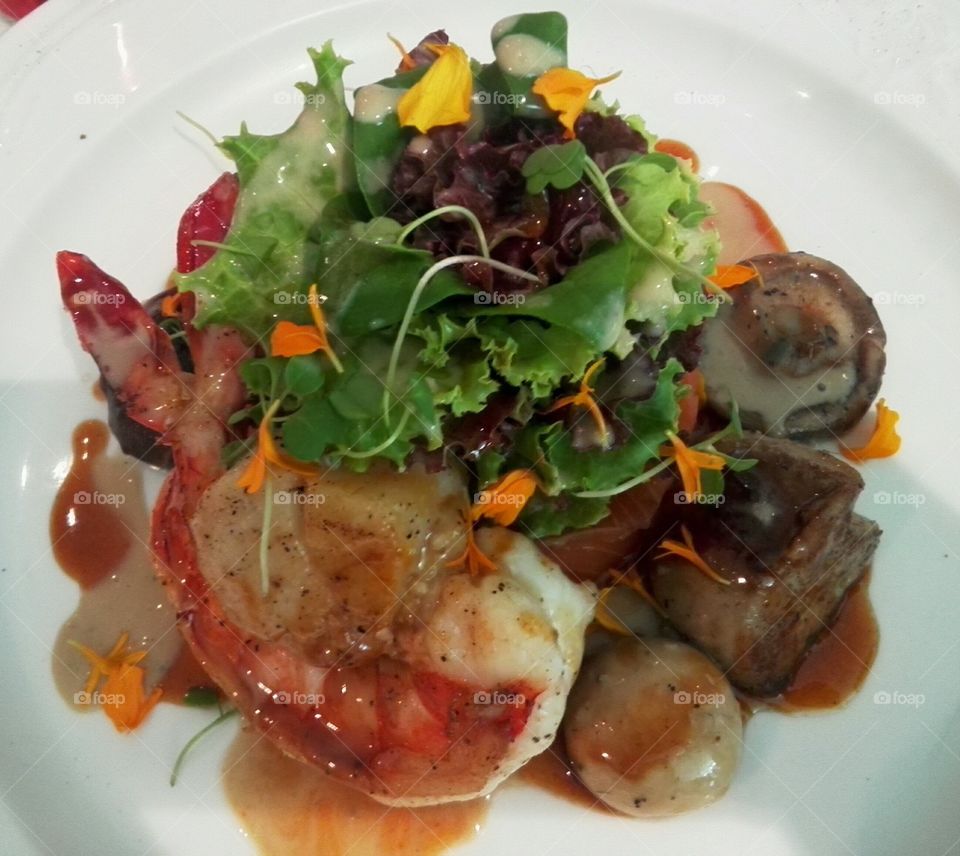 Salad ala Governor Vi

Smoked salmon, grilled prawn, seared scallop, sautéed mushrooms and pan fried goose liver in creamy balsamic dressing and raspberry-honey sauce