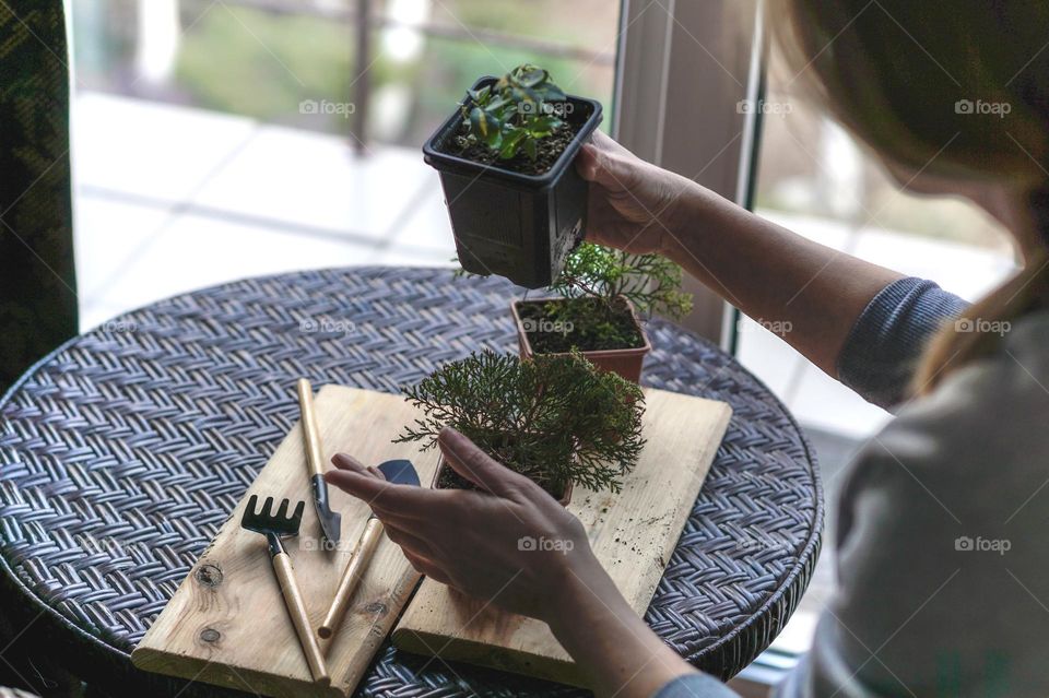 A woman sitting and taking potted plants 