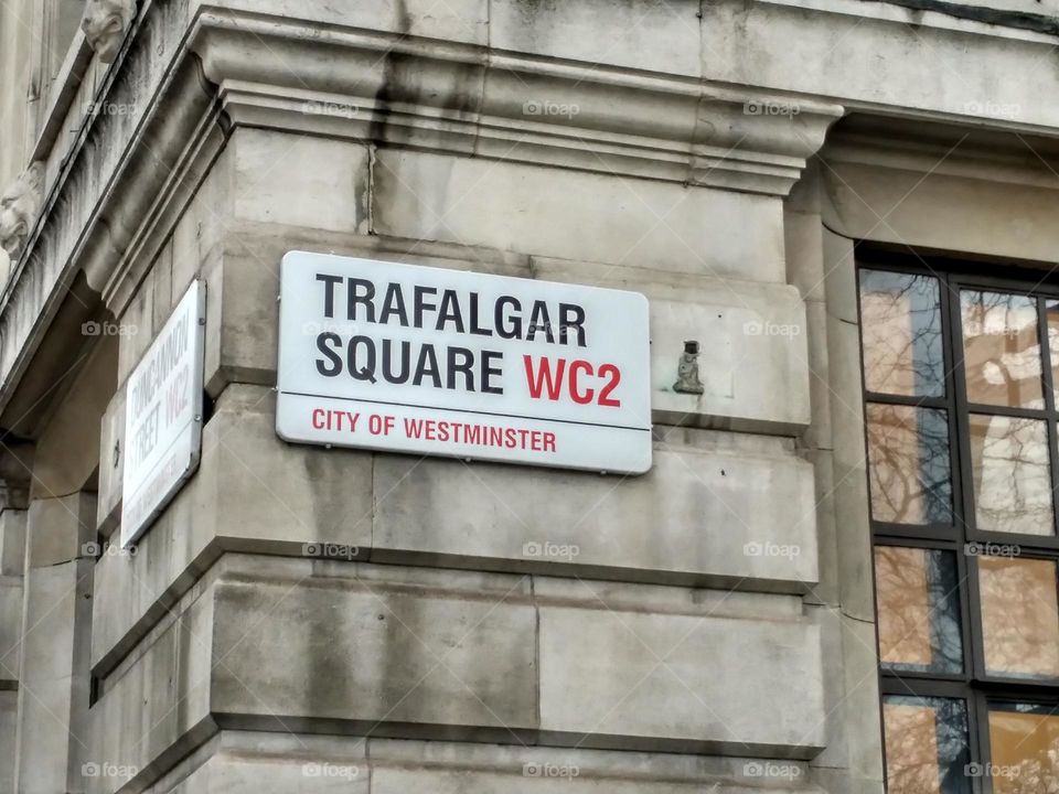 Trafalgar Square sign in London, UK. An emblematic point of one of the most amazing cities in the world.