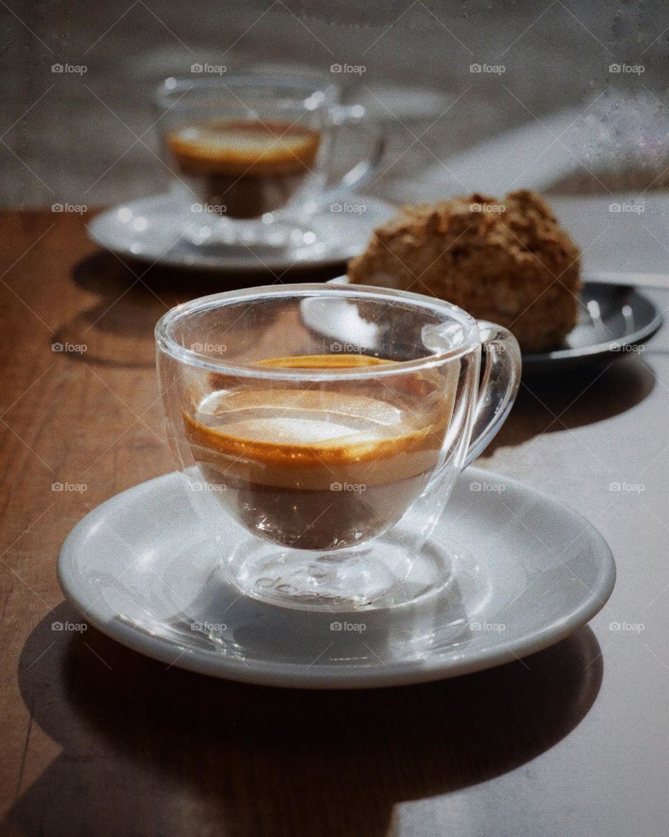 Coffee and cake on the table in a cafe, coffeelovers, time for coffee