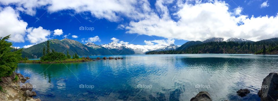 A gorgeous turquoise coloured glacial lake surrounded by tall peaks.
