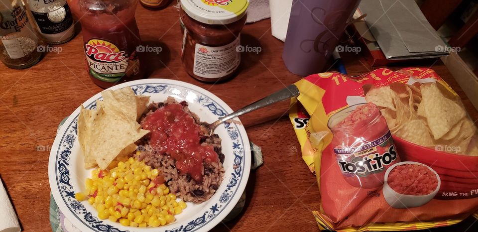 beans and rice with corn and salsa for lunch