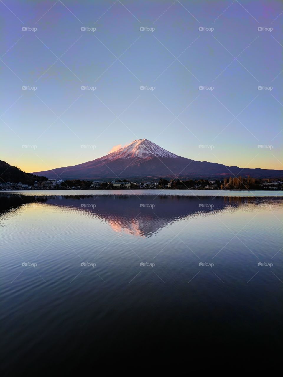 Fuji reflected in Lake Kawaguchi at dawn