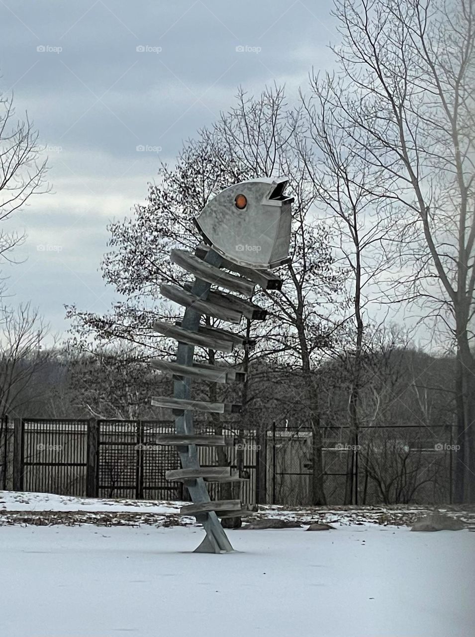 A gigantic wood and steel sculpture of a fish, at the back of a small frozen pond. 