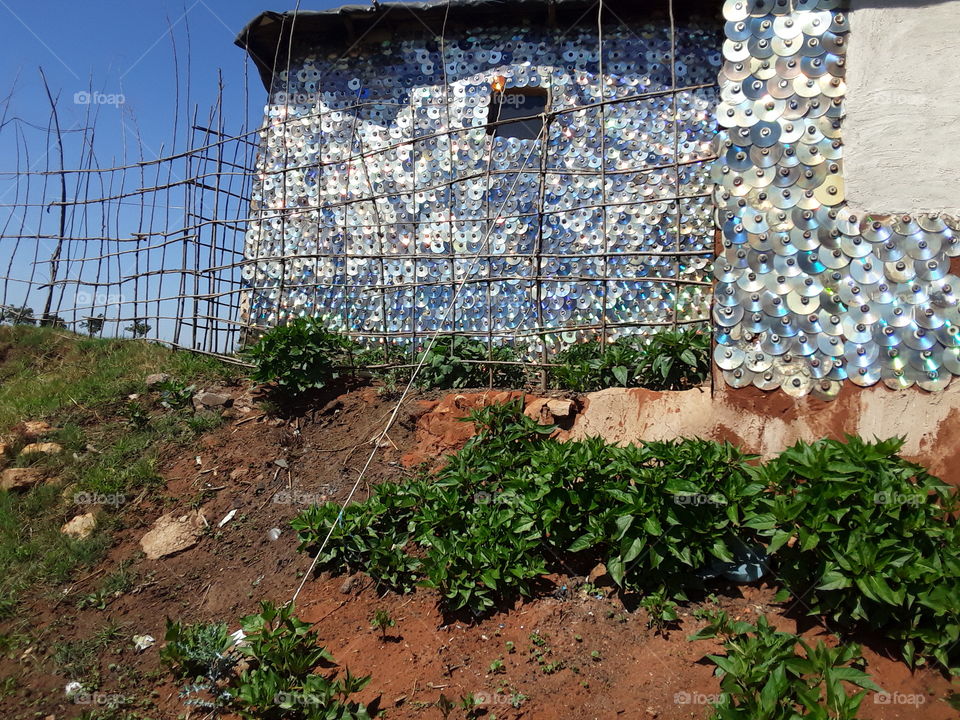 A  building structure with  a disks display.