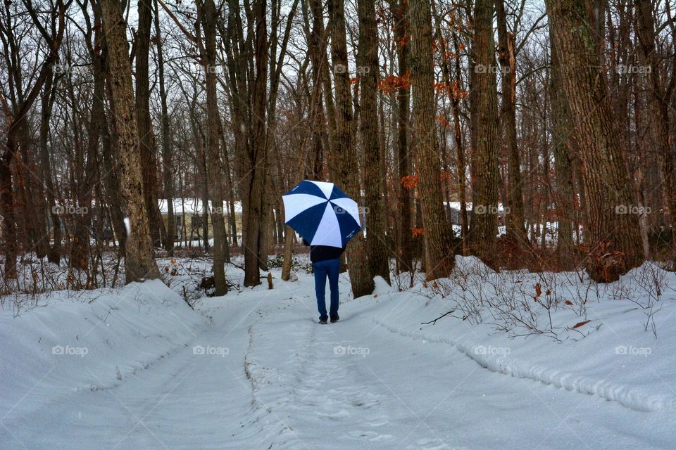 A person is seen walking down a snowy path. The back is towards the camera. The person is holding a big umbrella.