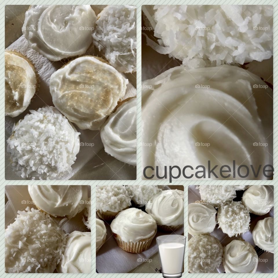 White baked homemade vanilla cupcakes aerial closeup view no people 