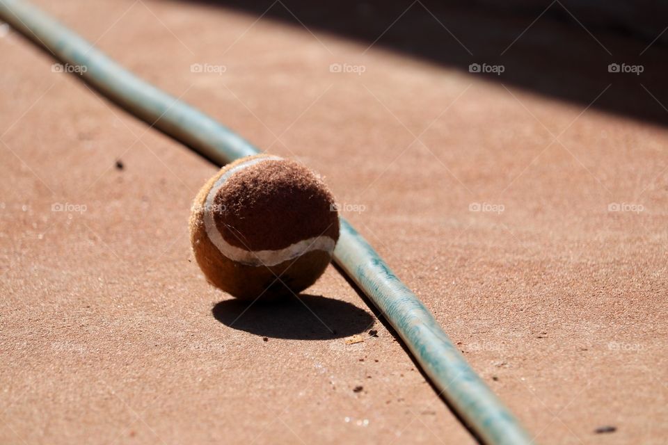 Brown tennis ball beside green hose on concrete suitable for background or desktop image 