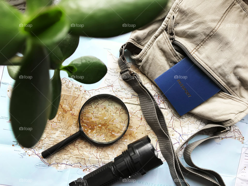 Flat lay travel items 