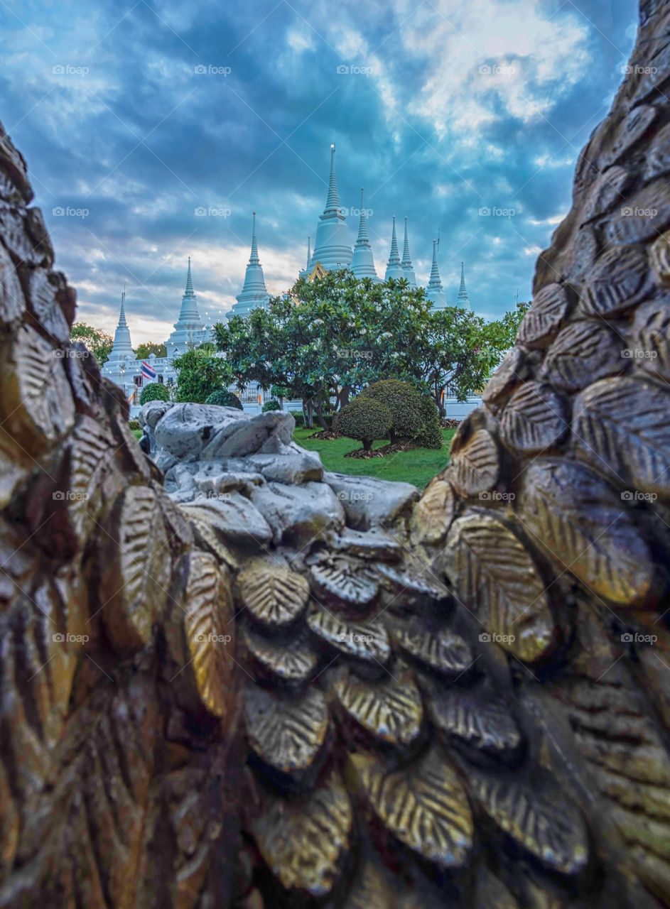 Beautiful scene of the famous pagoda of Wat Asokaram in Samutpakarn Thailand