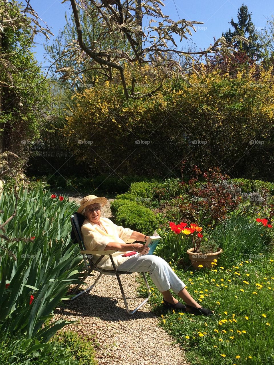 Mother relaxing in garden