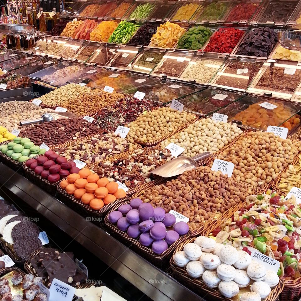 Sweets and nuts on the shelves