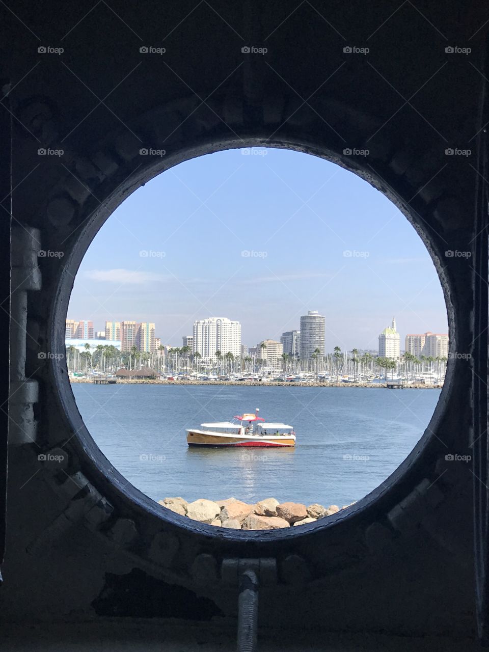 Boat as seen from a porthole of the Queen Mary