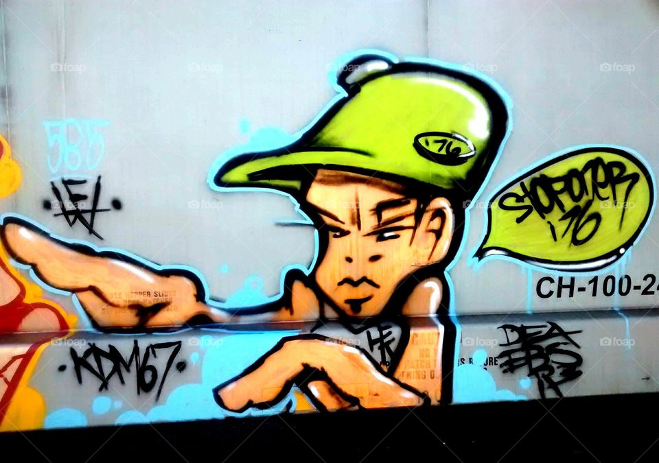 '76 green hat-train graffiti. Graffiti art found on a train car at a local brewery. Very talented people out there! Get that kid a job in art.