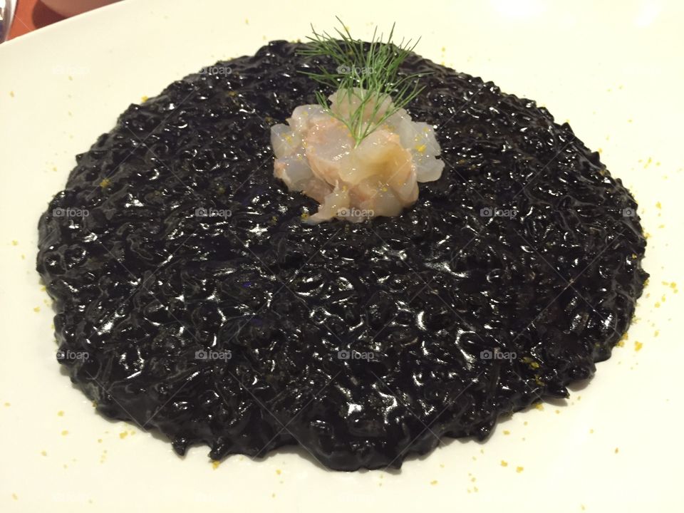 Risotto al Nero di Seppia con Tartara di Scampi • Rice with Squid Ink with Lobster Tartare