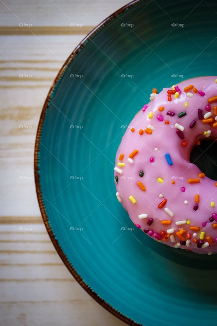 Donut With Strawberry Frosting And Sprinkles, Food Photography, Closeup Macro Photo 