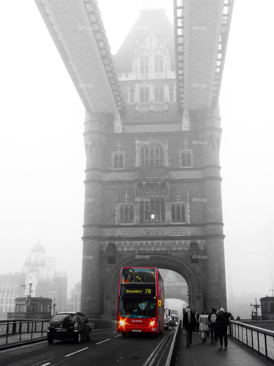 red bus morning grey by peo