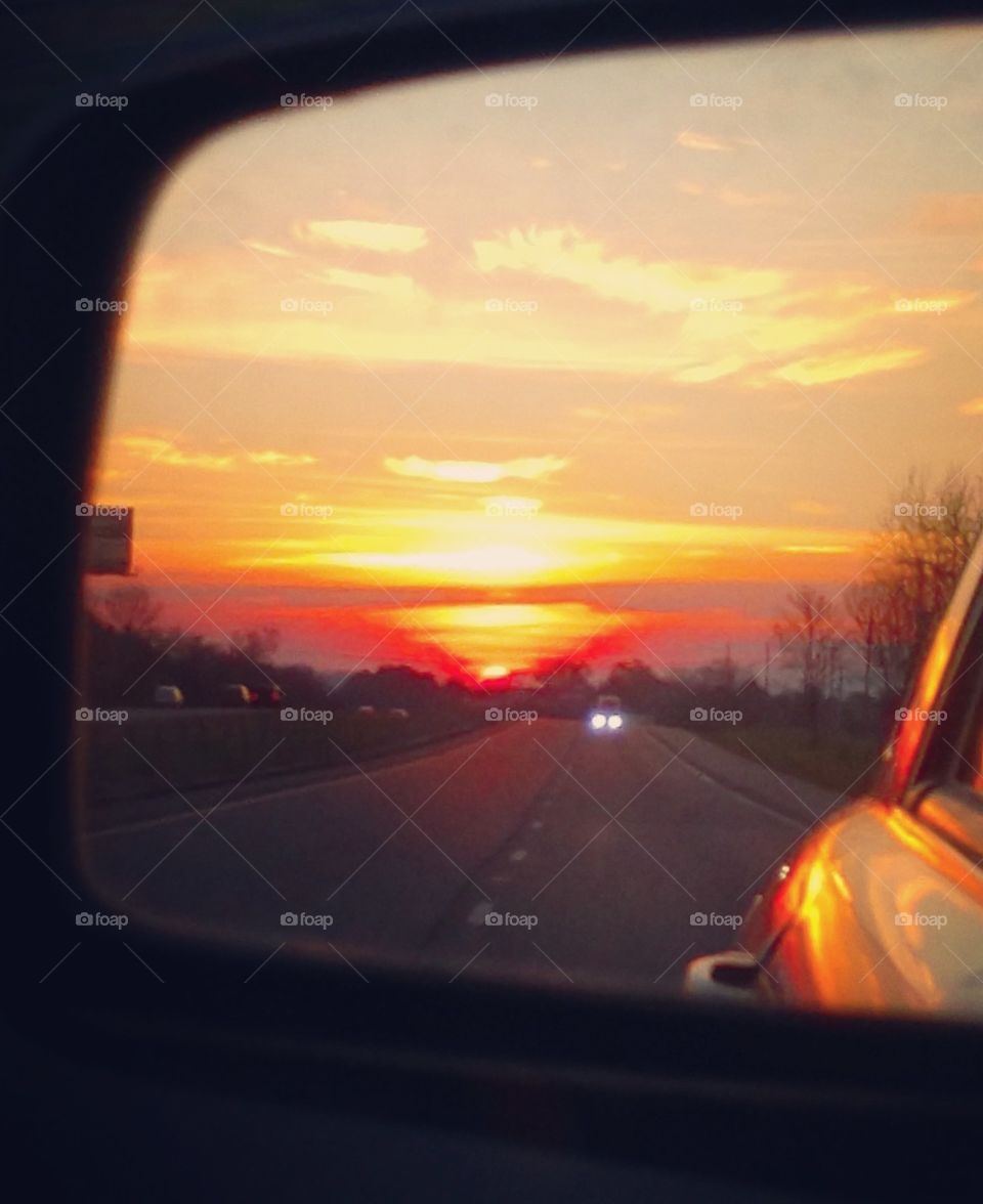 sunset mirrow road trip rearview looking back