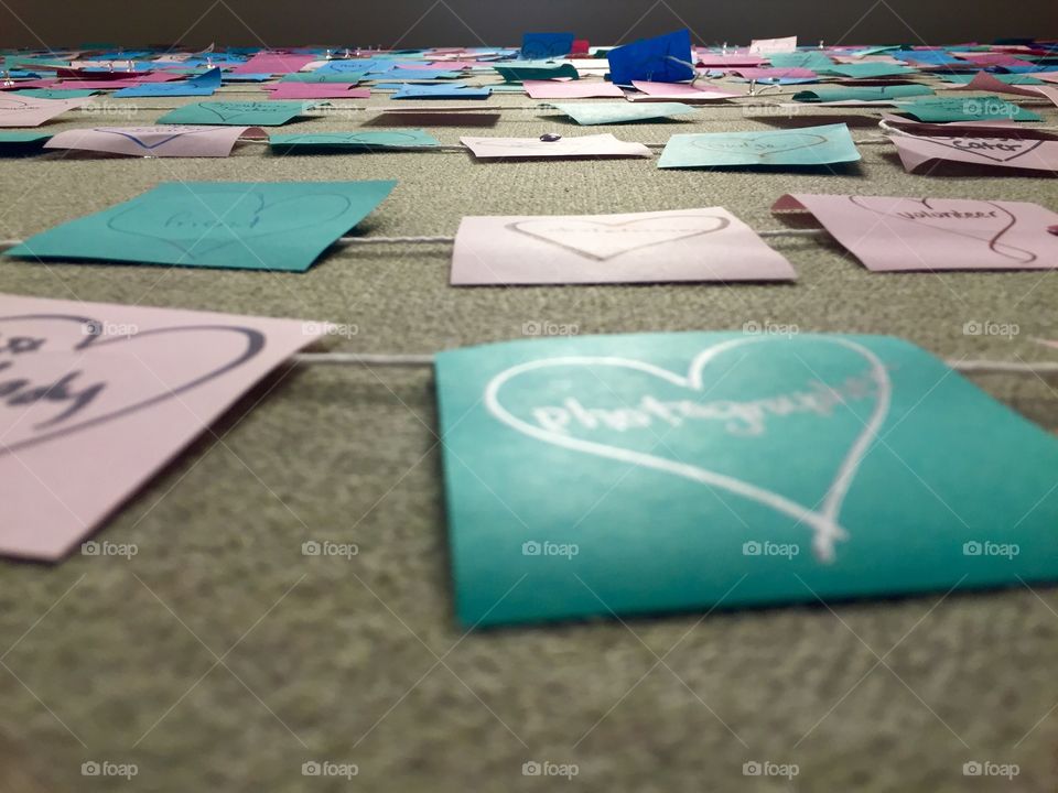 A creative display for a pro-life camp called PULSE. 3,000 handwritten notes with occupations in them. Each note represents one child lost to abortion every day. This took a team of 10 people a whole weekend to put together.