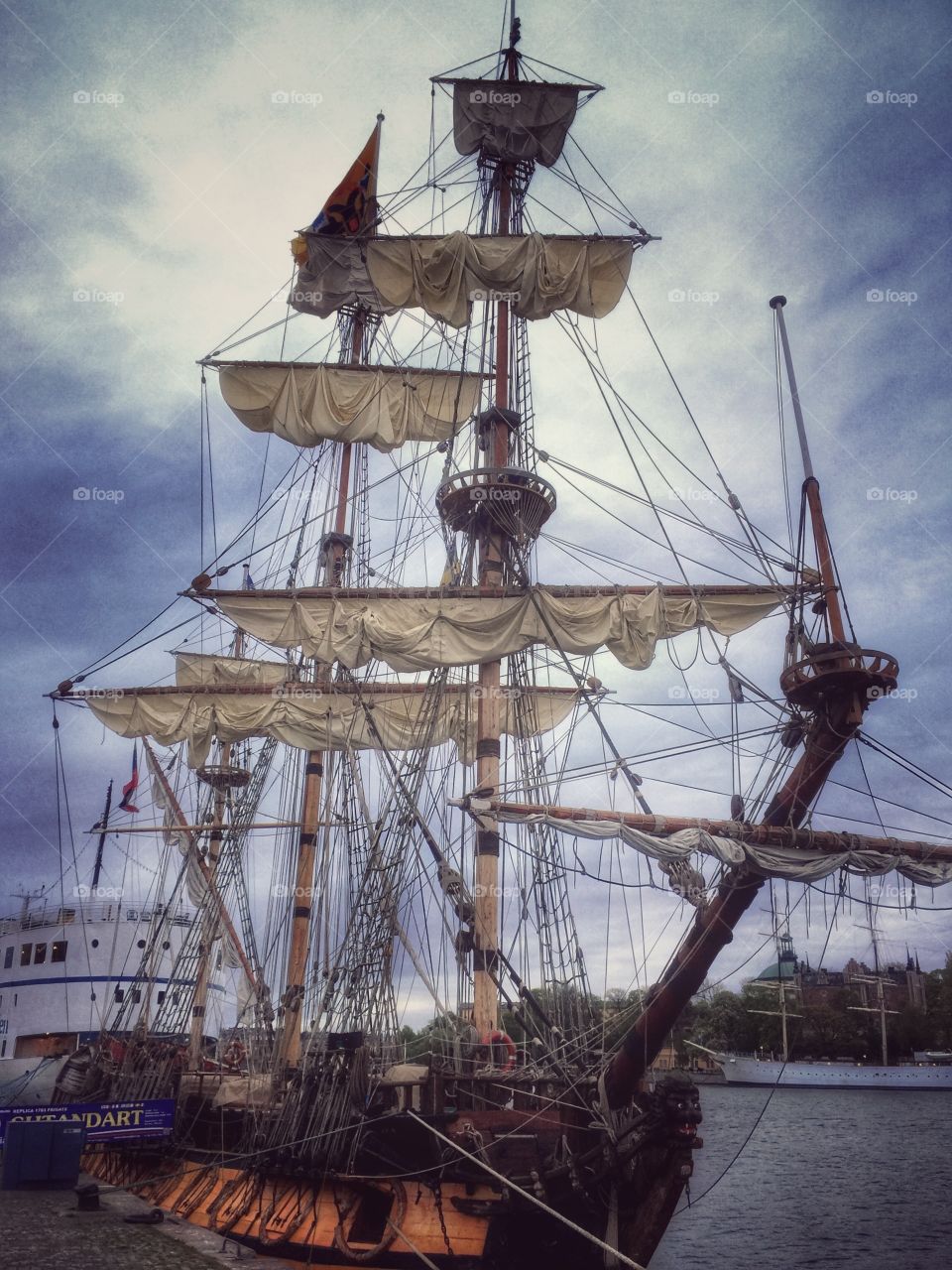 Tall Ship in the Stockholm harbor - intricate setup of masts, sails, ropes - overall beautiful 