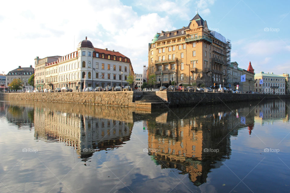 Reflection of buildings in lake