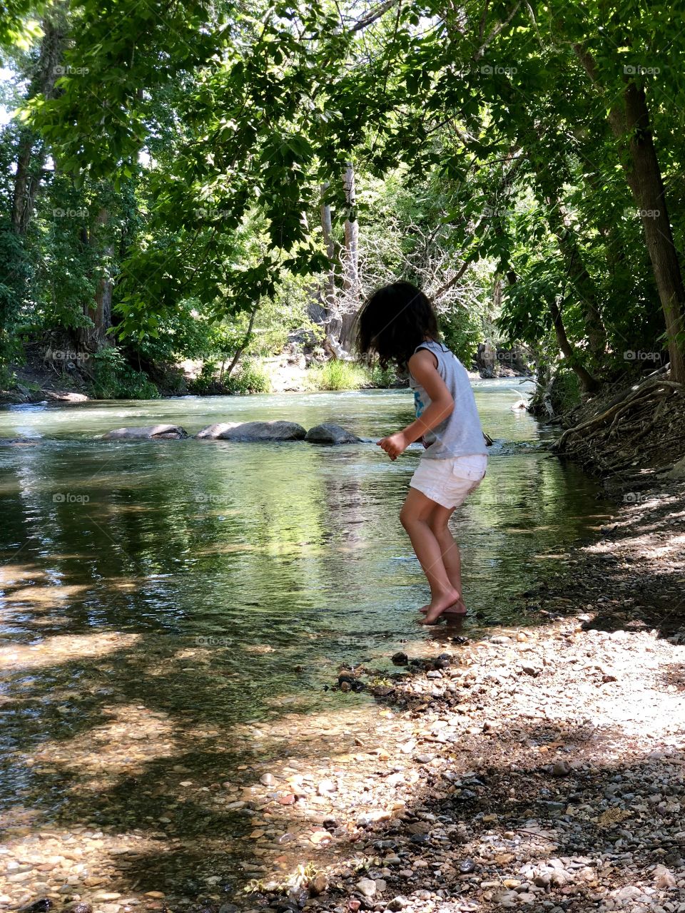 Child playing in a shallow creak. Throwing rocks. Happy. Nature.