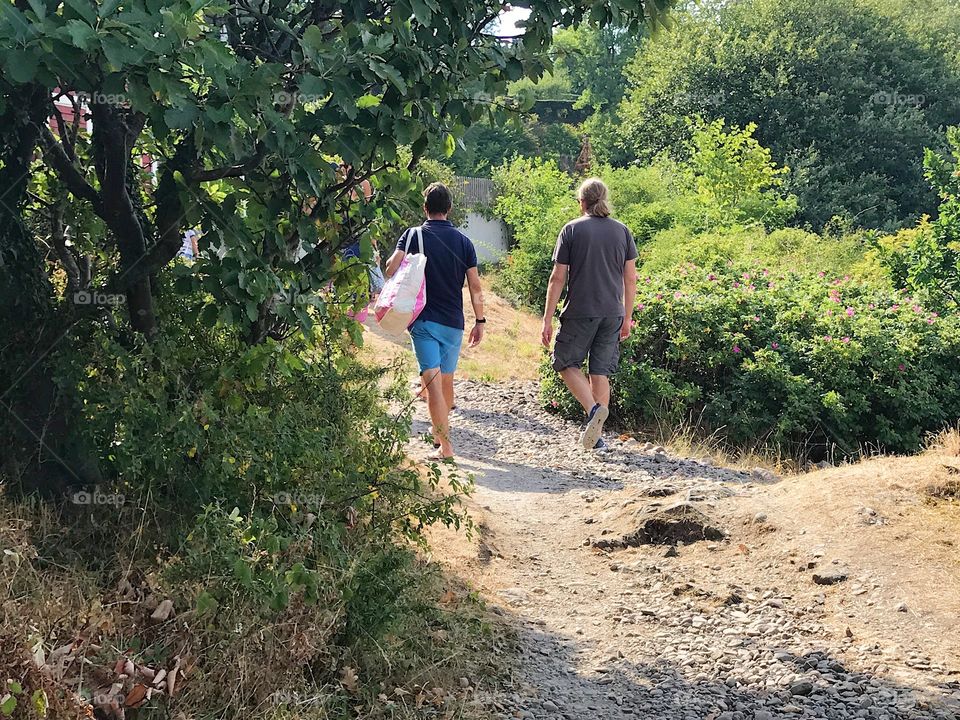 Two men walking on a pathway in shorts in a forest park on a summerday