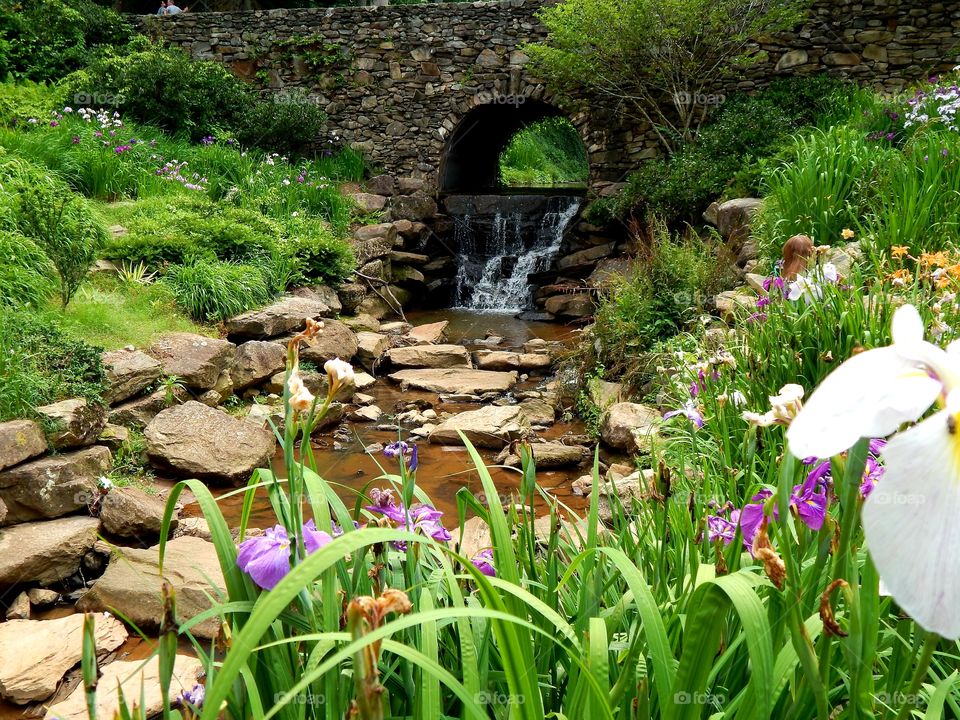 Small waterfall under a stone bridge surrounded by flowers and green foliage in Greenville, South Carolina