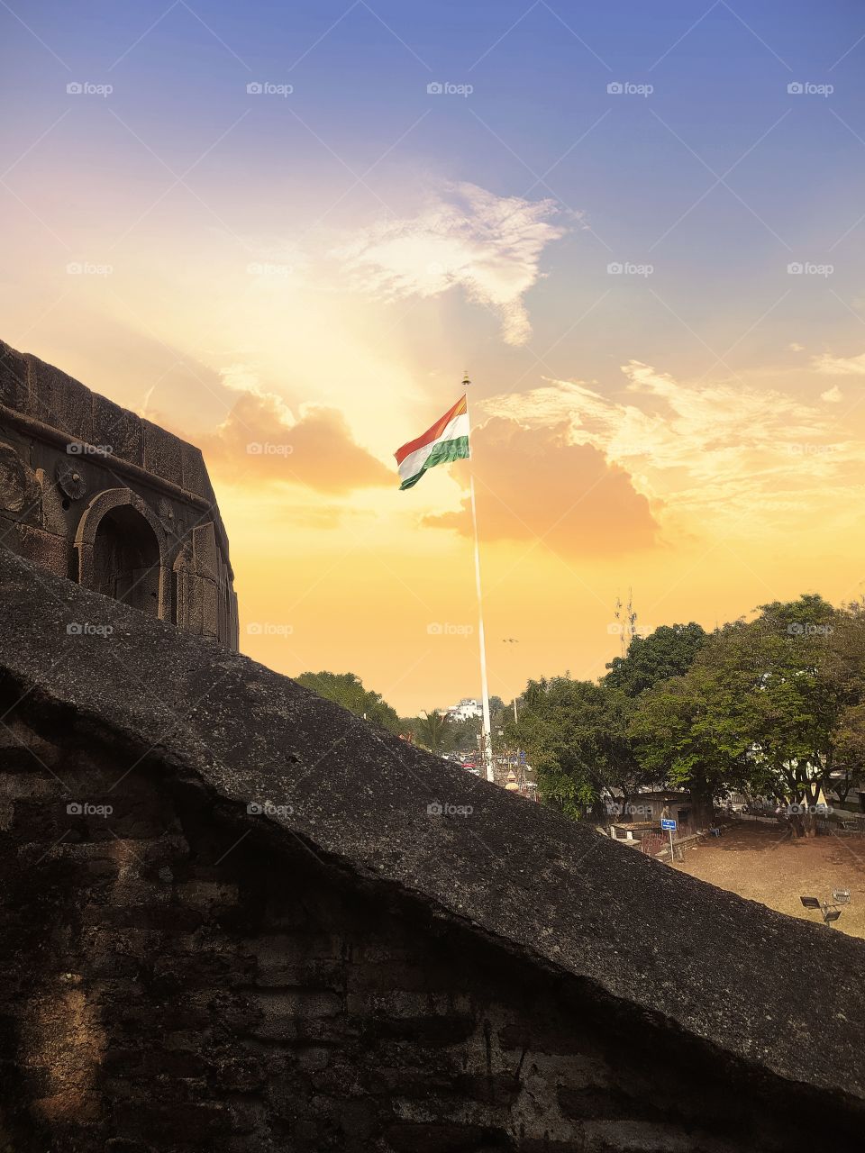 Indias Flag over Shaniwar wada Palace Pune Maharashtra Historical places