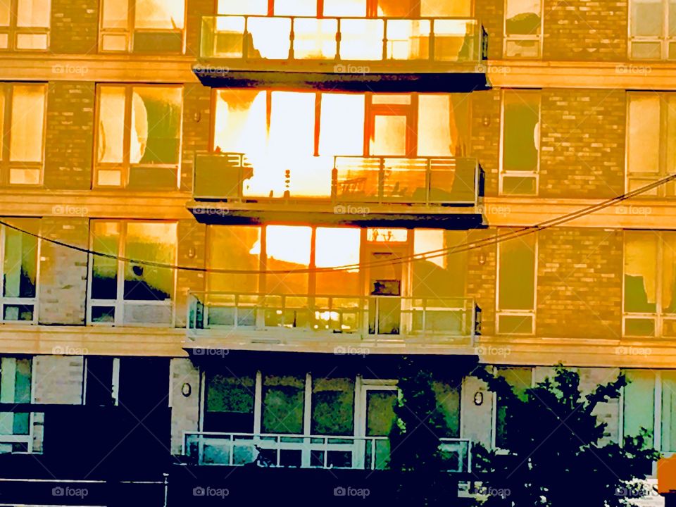 This photo demonstrates the “golden hour” effect when the setting sun reflects on everything made from glass or other reflective materials creating the appearance of bright shining fiercely gleaming gold. 2019. Hypnotic Productions