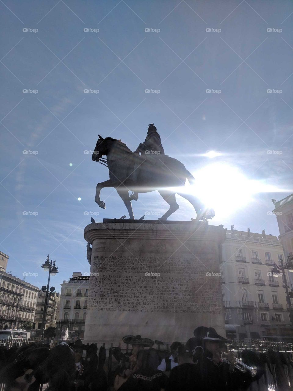 Horseman Statue in Puerto del Sol, Madrid, Spain as the Sun Goes Down on a Summer Afternoon