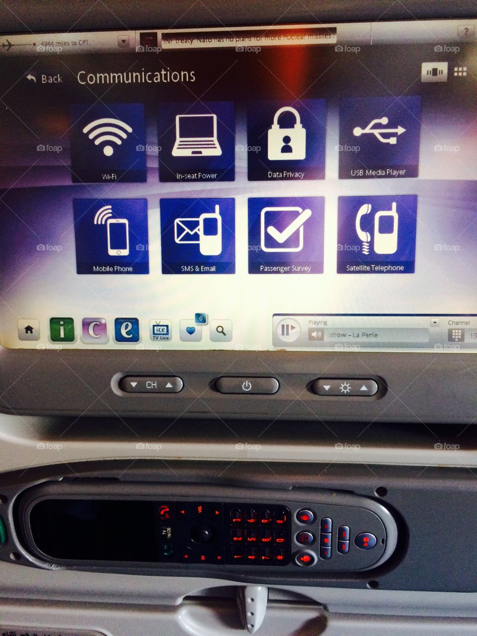 The ICE entertainment console onboard Emirates Airlines aircraft in economy class 