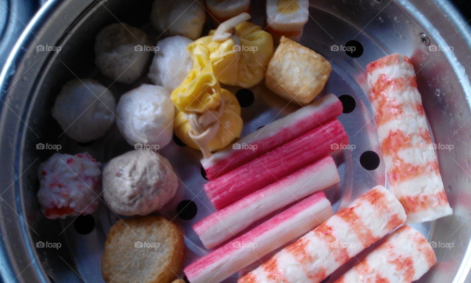 High angle view of fishcakes