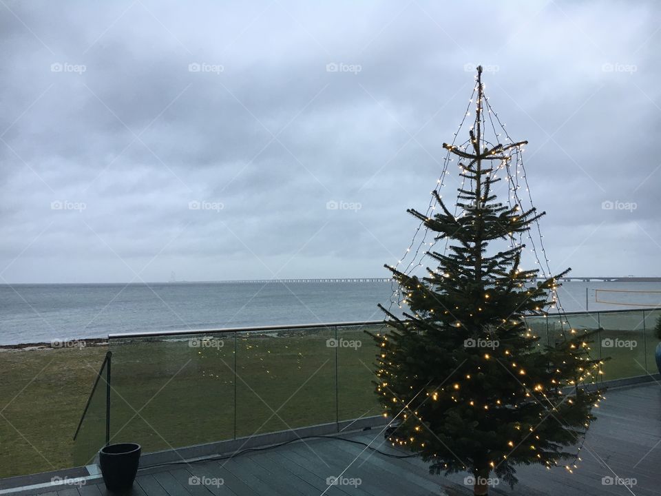 Christmas at a hotel near the beach, with a bridge in the background.