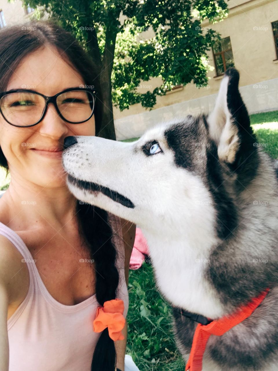 Cute selfie photo. Girl with dog