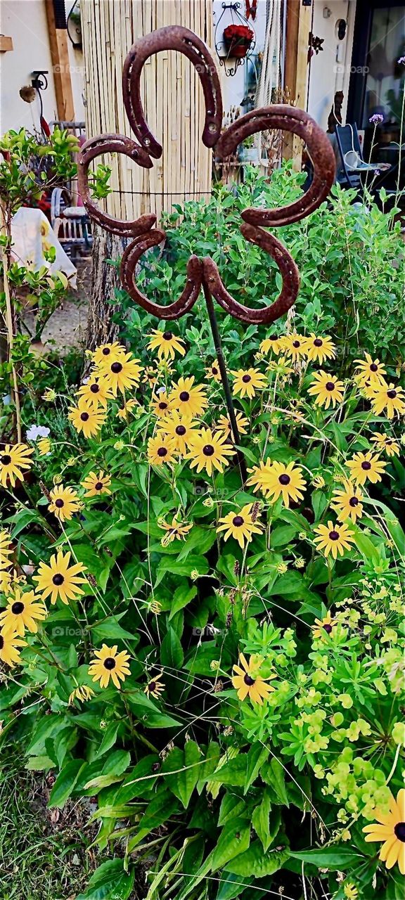 A bunch of yellow daffodils is growing next to a cast iron flower ornament in the garden of the beautiful one story house in “Lower Bavaria”, Germany that we have visited before on numerous occasions. 2024. Hypnotic Productions
