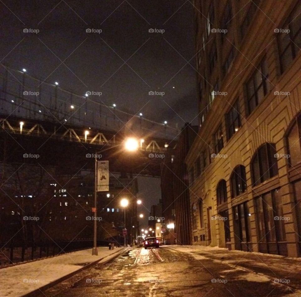 Back Road in Dumbo Brooklyn under the bridge wintertime