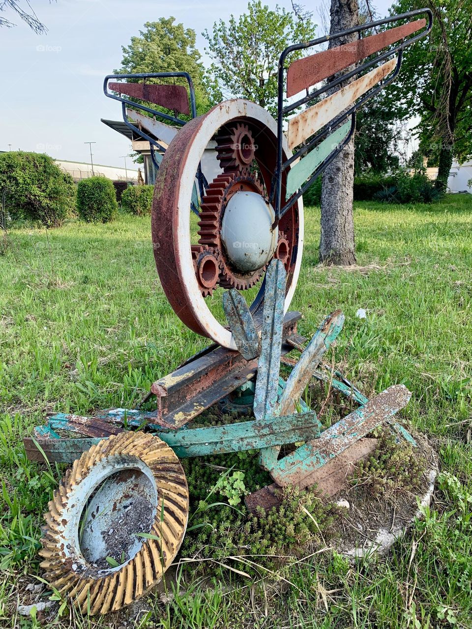 abstract iron sculpture composed of various railway material