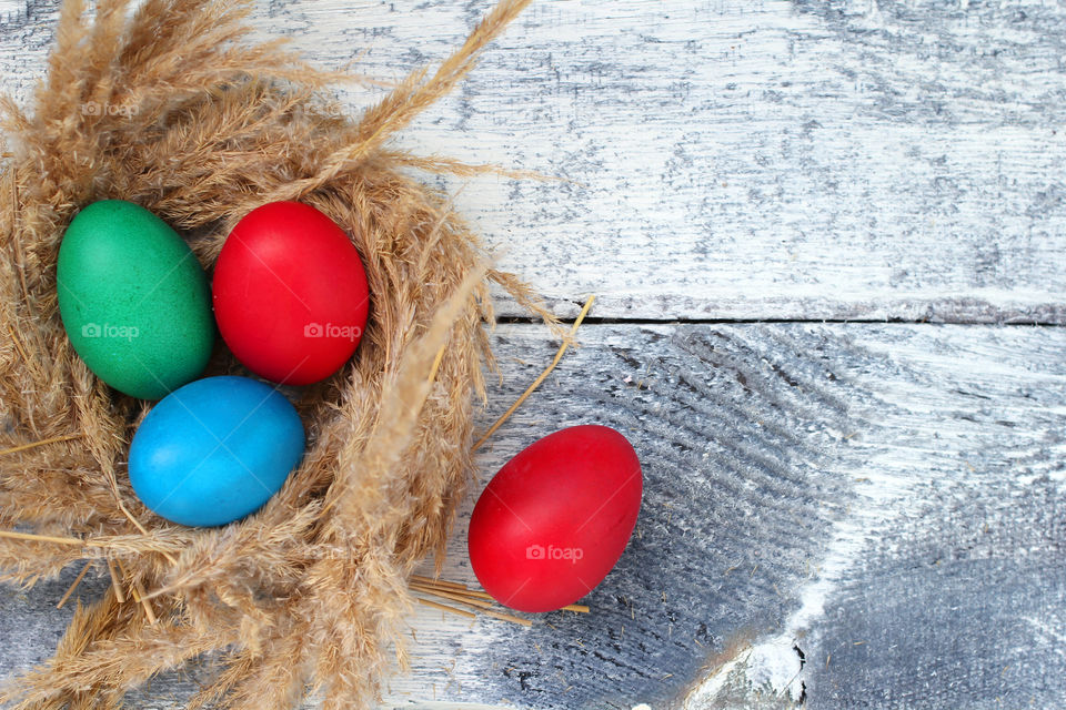 High angle view of easter eggs