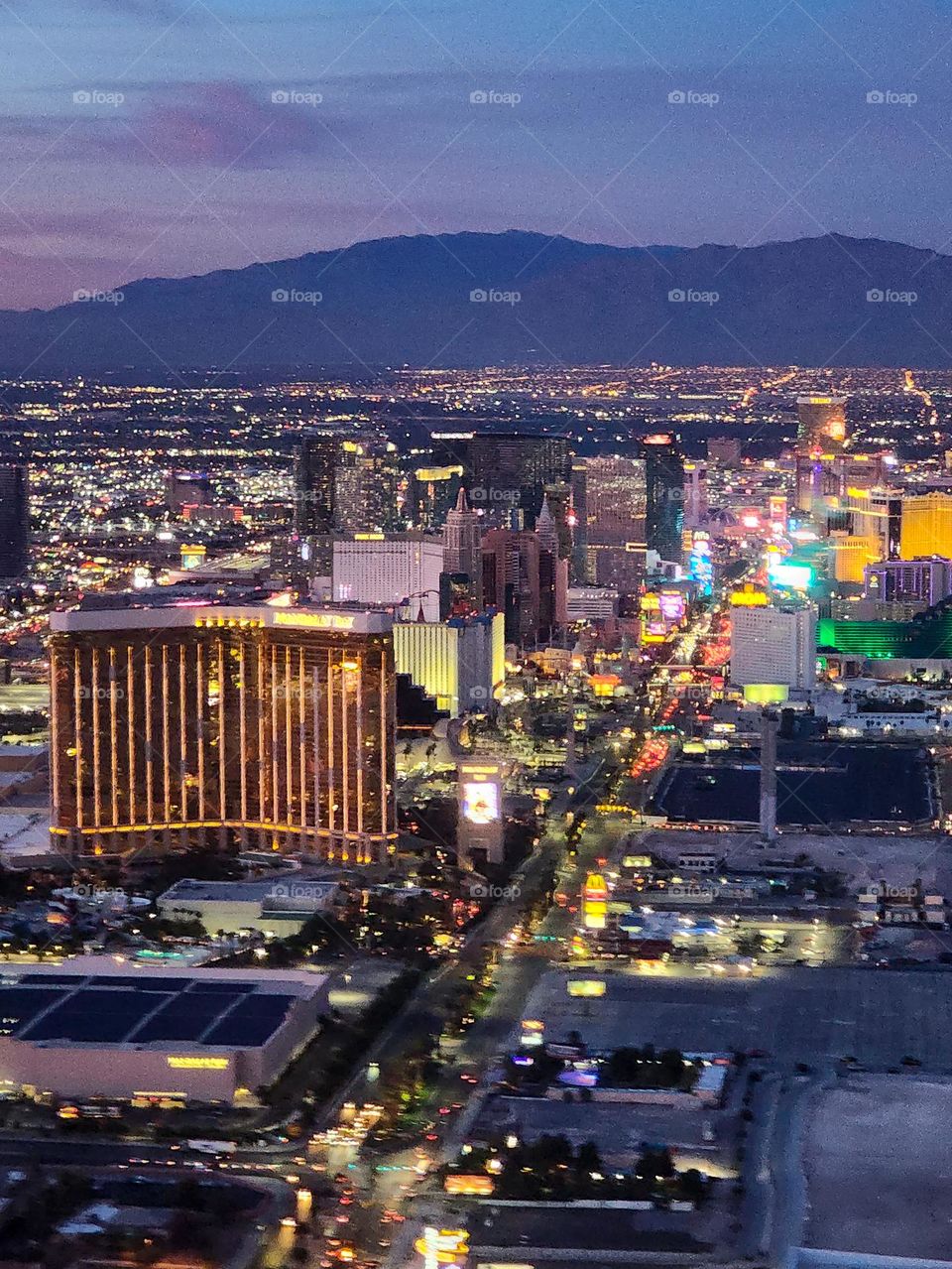 A look down at the world famous Las Vegas Boulevard, also known as the Strip shortly after taking off from the airport