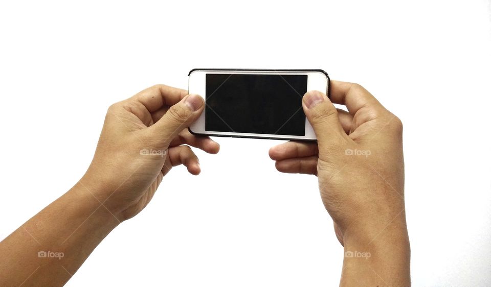 "Hand Holding Smart Phone With Blank Screen On White Background"