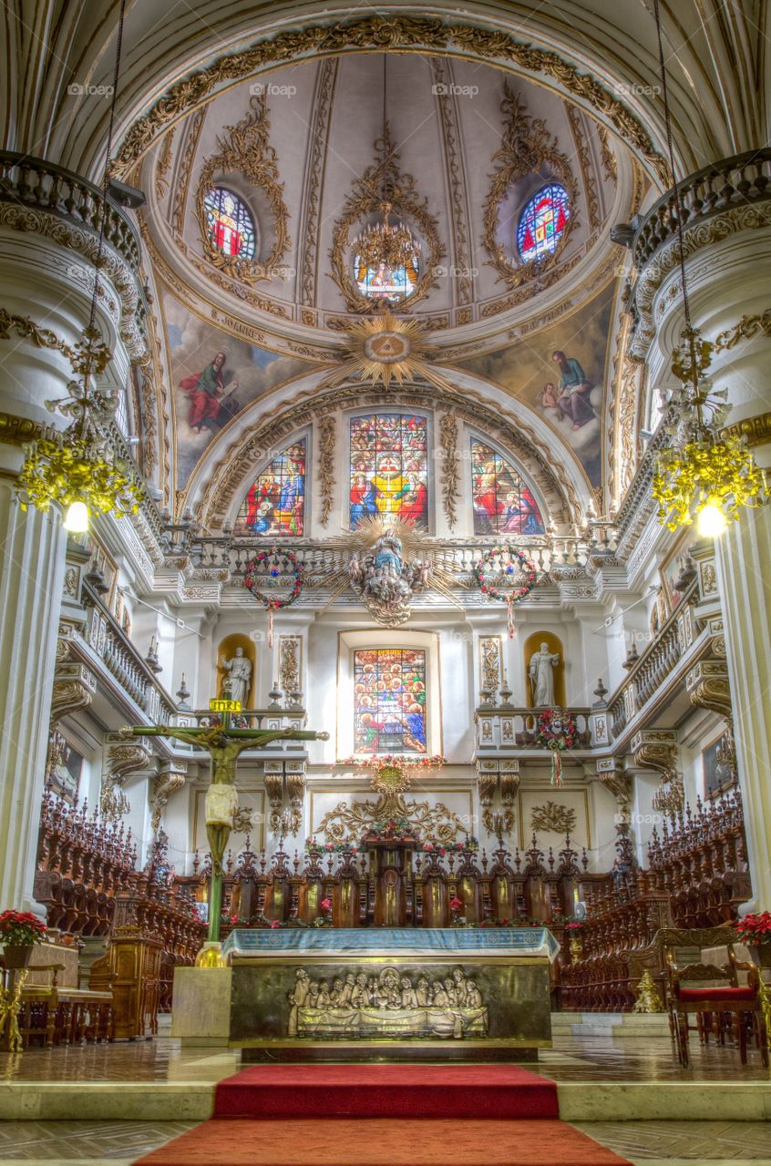 HDR photo of colorful Cathedra. HDR photo of colorful Cathedral. Decorated walls and windows up in the dome. Altar in the front