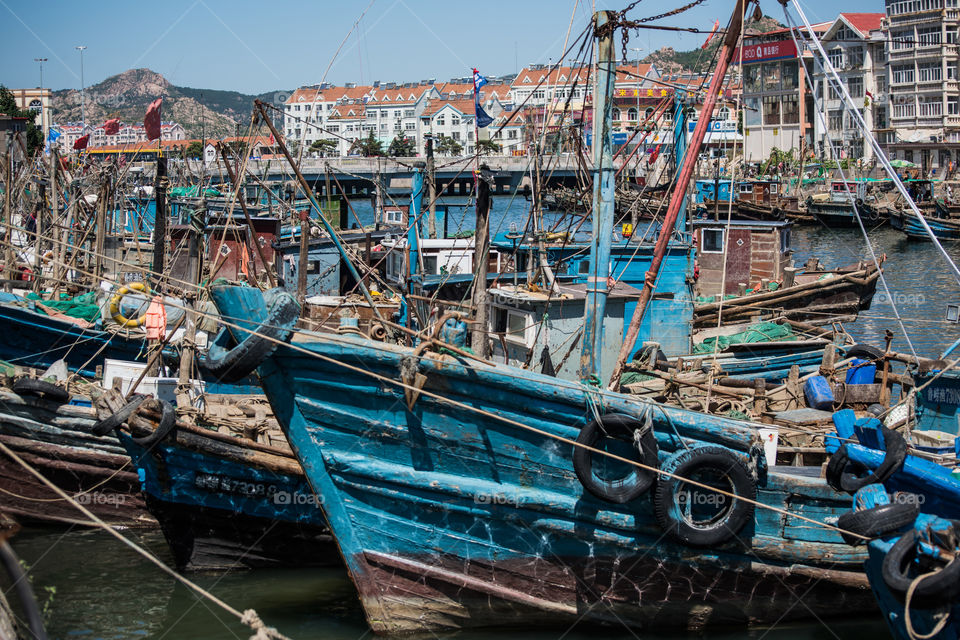 Asia China Qingdao home of Tsingtao Beer,old german colonies old fisher habor fishing boat