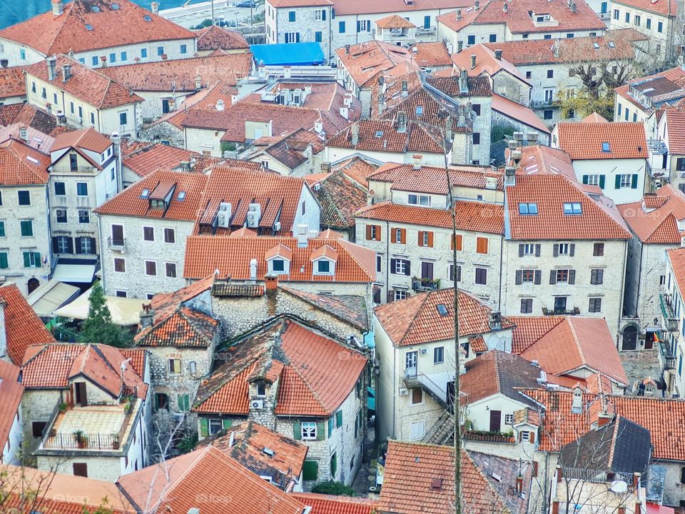 top view of the roofs of Kotor in Montenegro