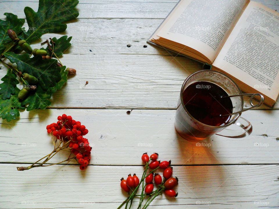 Open book, a cup of tea, a bundle of mountain ash, a bunch of rose hips and oak leaves