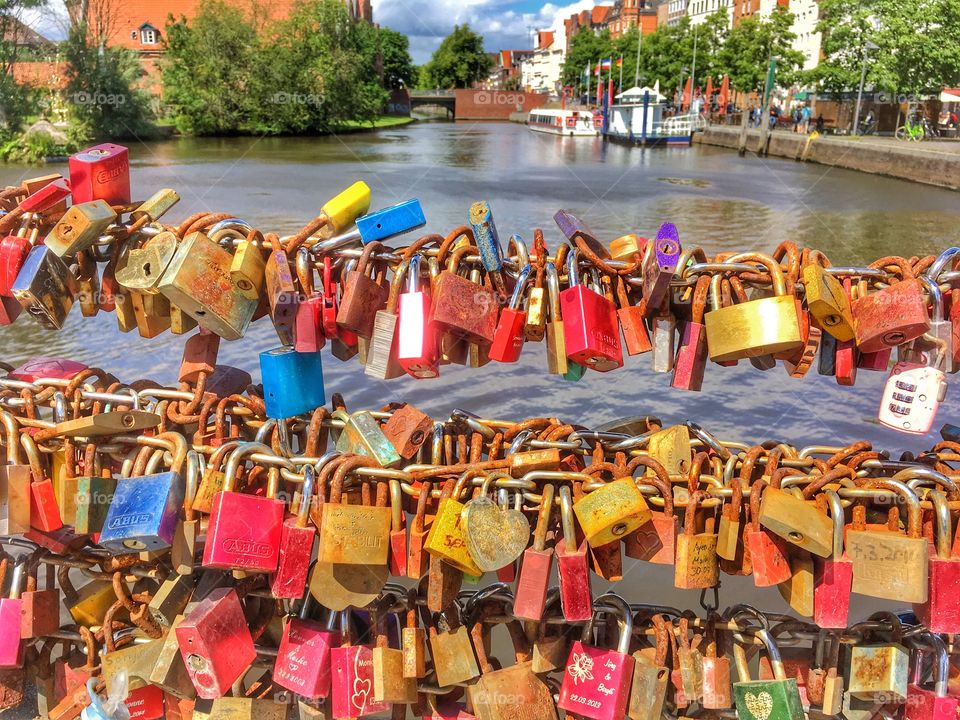 Lübeck is an ancient Hanseatic city in the north of Germany.Bridge of lovers on the river Trave