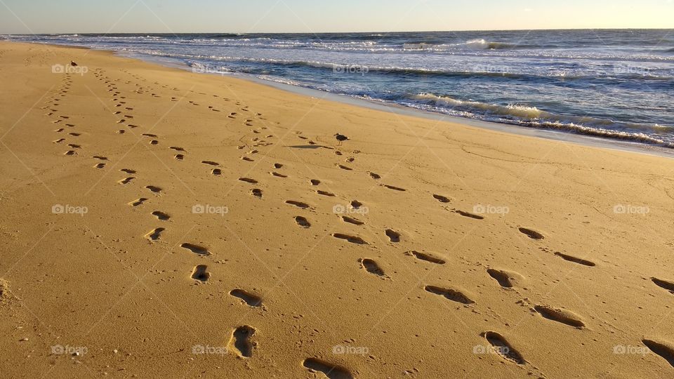 Footprints in the sand on an empty beach at sunrise Ocean City Maryland.